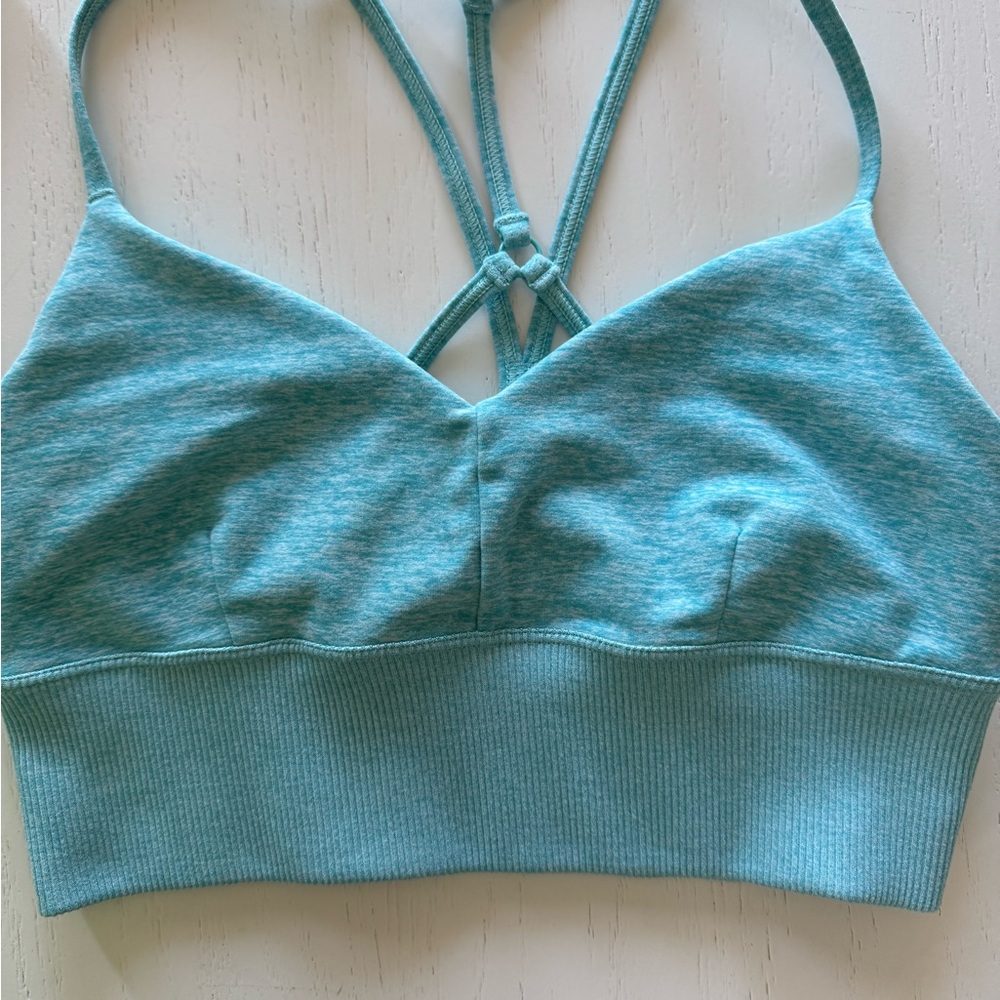 ALO Yoga Blue Sports Bra with Adjustable Straps and Seamless Design